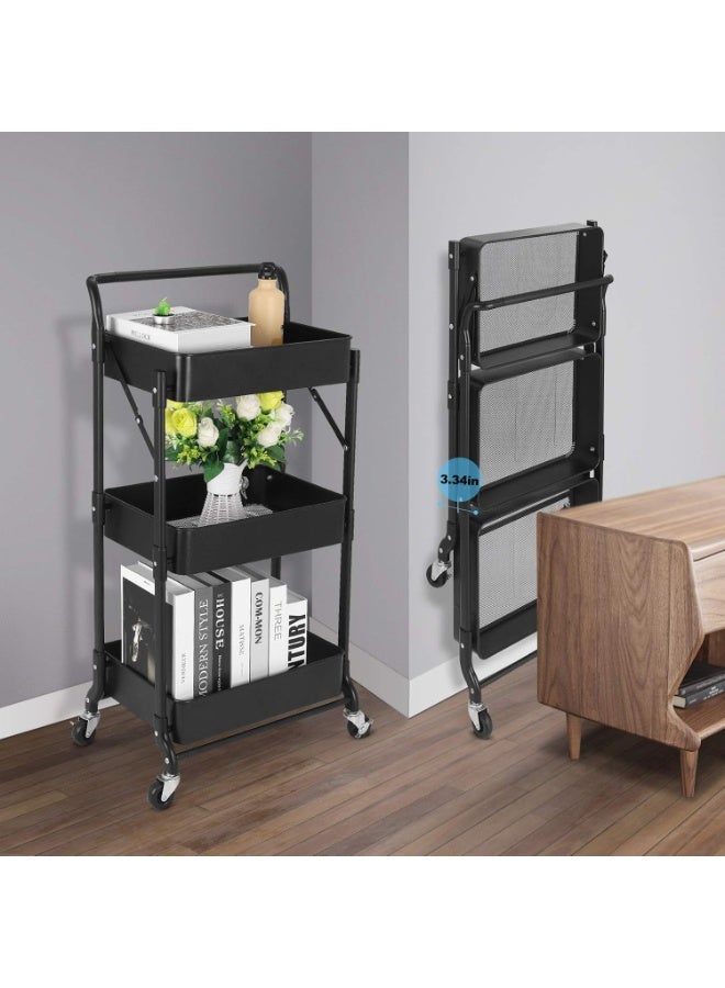 Nadrab Foldable Rolling Storage Cart 3-Tier Multi-Purpose Cart with Wheels No Assembly Required, Black Metal Storage Cart for Kitchen Pantry, Bathroom, Dormitory with Hanging Cup, Heavy Duty Mobile Folding Cart (Black) - Image 5
