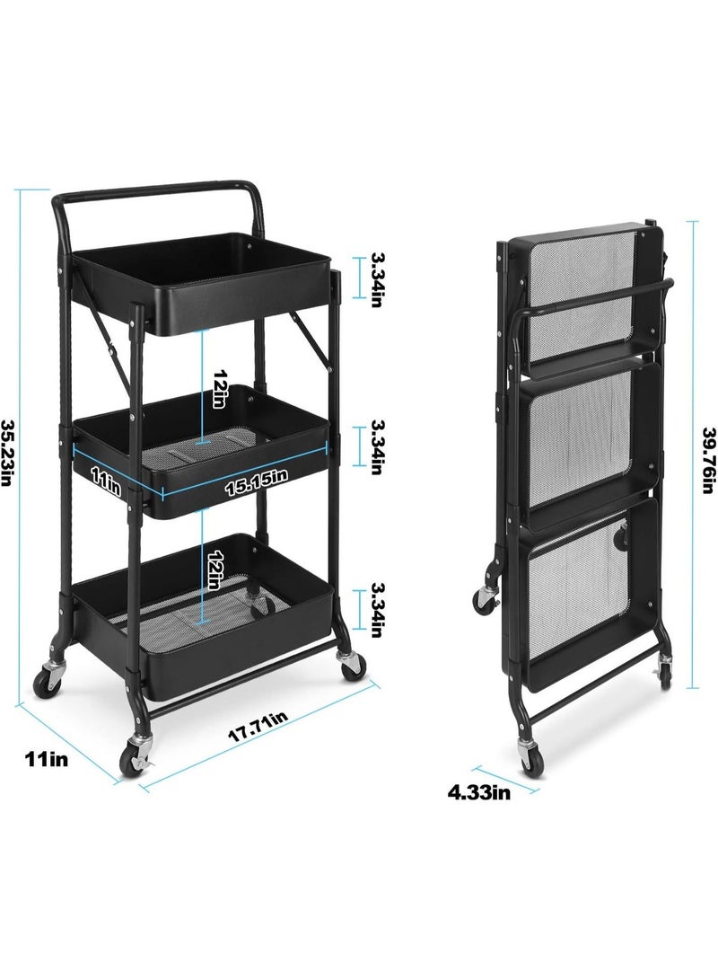 Nadrab Foldable Rolling Storage Cart 3-Tier Multi-Purpose Cart with Wheels No Assembly Required, Black Metal Storage Cart for Kitchen Pantry, Bathroom, Dormitory with Hanging Cup, Heavy Duty Mobile Folding Cart (Black) - Image 4
