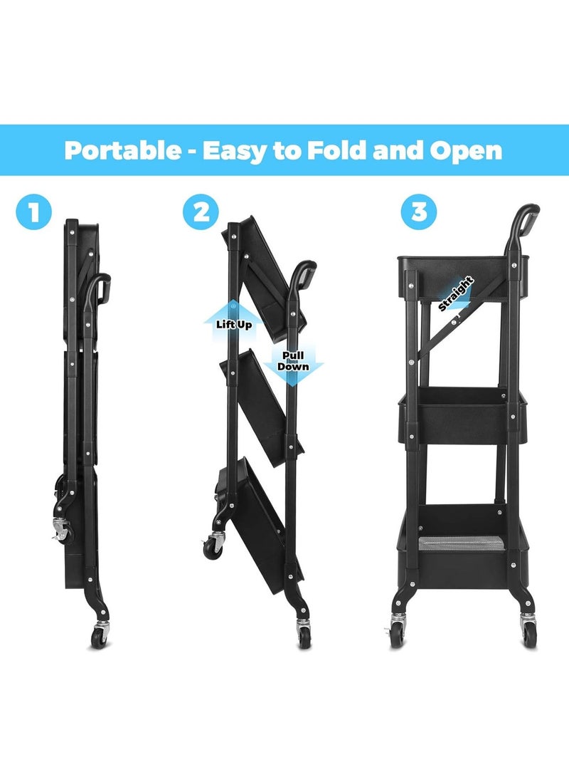 Nadrab Foldable Rolling Storage Cart 3-Tier Multi-Purpose Cart with Wheels No Assembly Required, Black Metal Storage Cart for Kitchen Pantry, Bathroom, Dormitory with Hanging Cup, Heavy Duty Mobile Folding Cart (Black) - Image 2