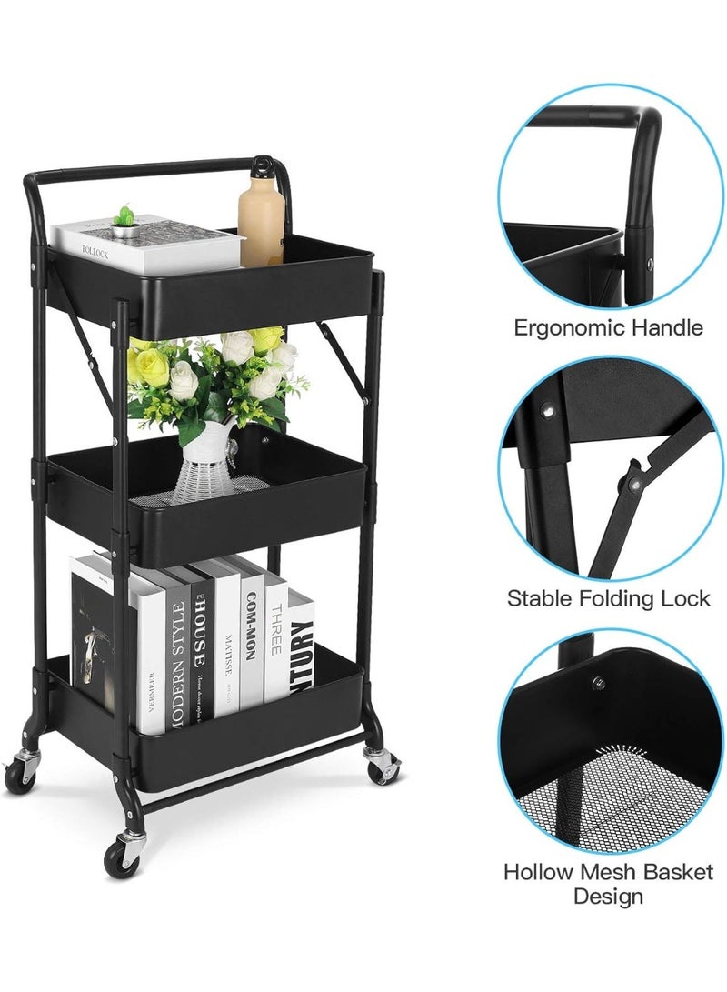 Nadrab Foldable Rolling Storage Cart 3-Tier Multi-Purpose Cart with Wheels No Assembly Required, Black Metal Storage Cart for Kitchen Pantry, Bathroom, Dormitory with Hanging Cup, Heavy Duty Mobile Folding Cart (Black) - Image 3