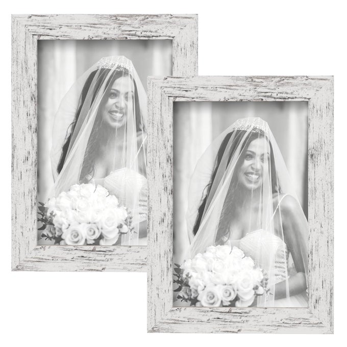 PICTURE FRAMES 4X6 SET OF 2 DISTRESSED WHITE WOOD GRAIN PHOTO FRAME FOR GALLERY WALL MOUNTING OR TABLETOP DISPLAY
