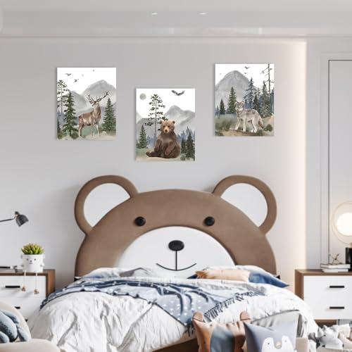 1 KINGO Woodland Nursery Wall Art Decor: Forest Themed Animal Wall Art Prints Canvas Posters Nursery Decor for Boys Girls Room,Wildlife Deer Bear Wolf Pictures for Bedroom Wall Decor,12x15 Inch,Set of 3 - Image 2