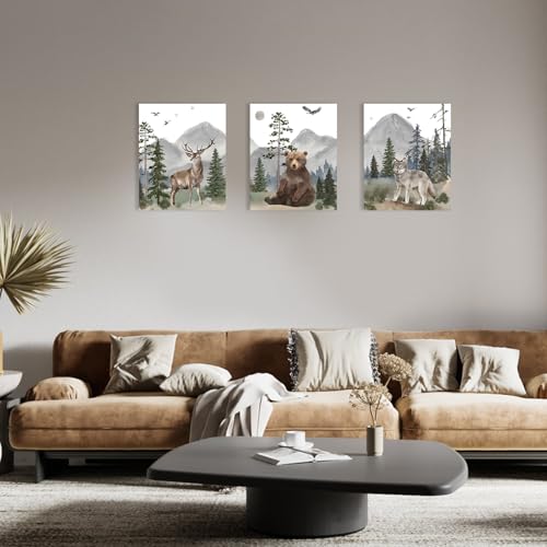 1 KINGO Woodland Nursery Wall Art Decor: Forest Themed Animal Wall Art Prints Canvas Posters Nursery Decor for Boys Girls Room,Wildlife Deer Bear Wolf Pictures for Bedroom Wall Decor,12x15 Inch,Set of 3 - Image 5