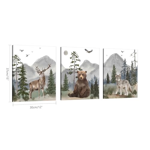 1 KINGO Woodland Nursery Wall Art Decor: Forest Themed Animal Wall Art Prints Canvas Posters Nursery Decor for Boys Girls Room,Wildlife Deer Bear Wolf Pictures for Bedroom Wall Decor,12x15 Inch,Set of 3 - Image 3