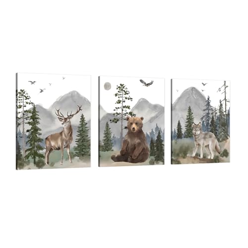 1 KINGO Woodland Nursery Wall Art Decor: Forest Themed Animal Wall Art Prints Canvas Posters Nursery Decor for Boys Girls Room,Wildlife Deer Bear Wolf Pictures for Bedroom Wall Decor,12x15 Inch,Set of 3 - Image 1