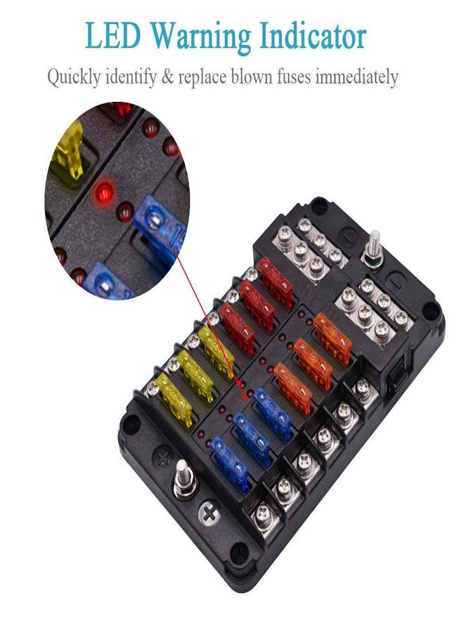 WUPP Boat Fuse Block, Marine Fuse Panel with LED Warning Indicator Damp-Proof Cover - 12 Circuits with Negative Bus Fuse Box Holder for Car Marine RV Truck DC 12-24V, Fuses Included - Image 3