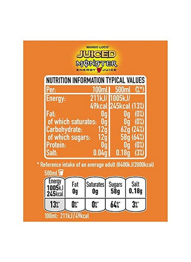Monster Energy - Monster® Mango Loco Energy + Juice Carbonated Energy Drink | L-Carnitine + Inositol + B Vitamins + Taurine, 16.91 Fl Oz ℮ 500 Ml - Image 1