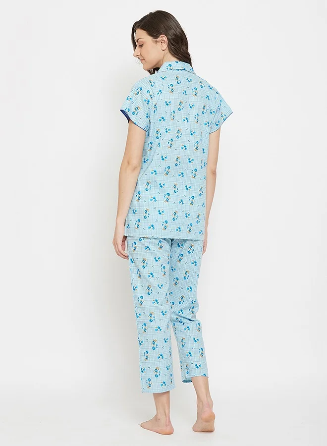 كلوفيا Clovia Pretty Florals Button Down Shirt & Pyjama Set in Light Blue - Cotton Rich