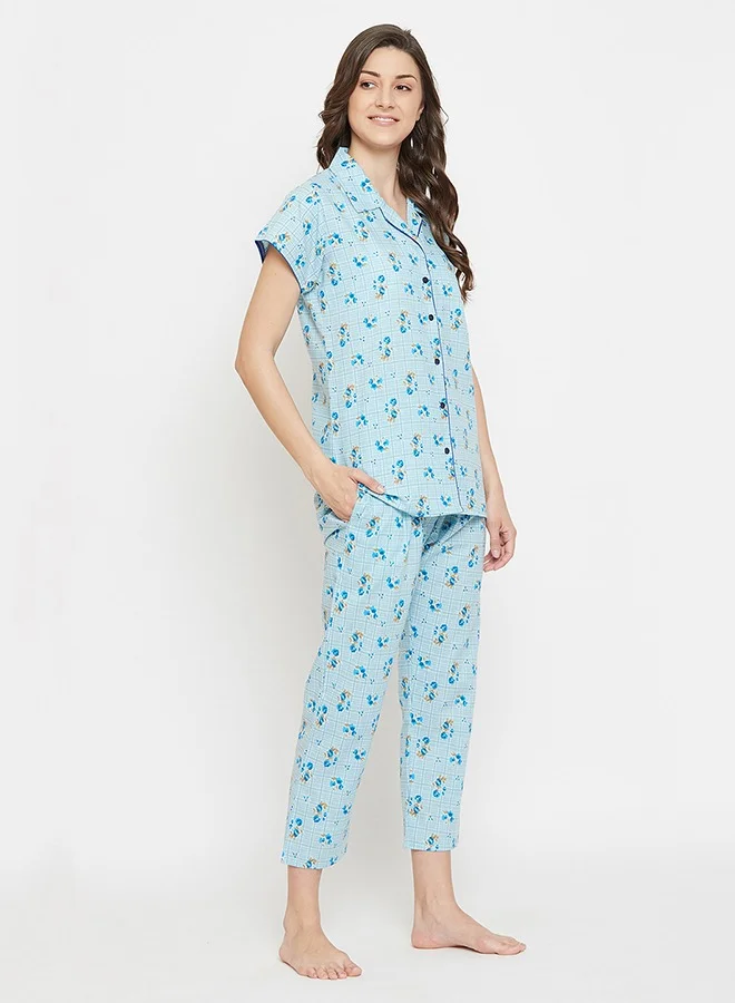 كلوفيا Clovia Pretty Florals Button Down Shirt & Pyjama Set in Light Blue - Cotton Rich