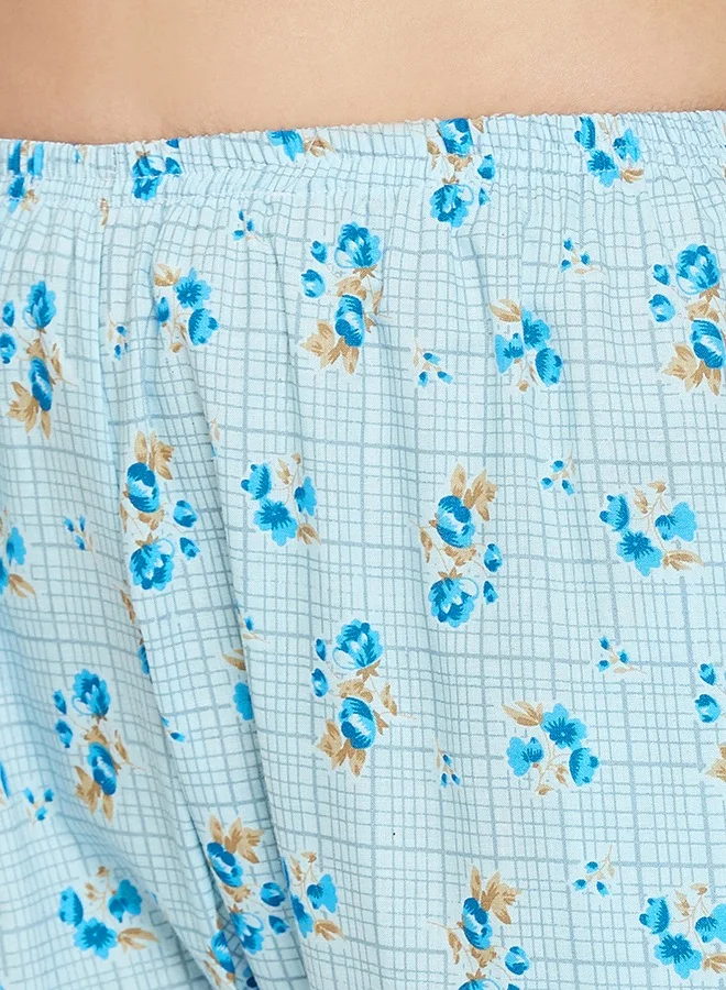 كلوفيا Clovia Pretty Florals Button Down Shirt & Pyjama Set in Light Blue - Cotton Rich