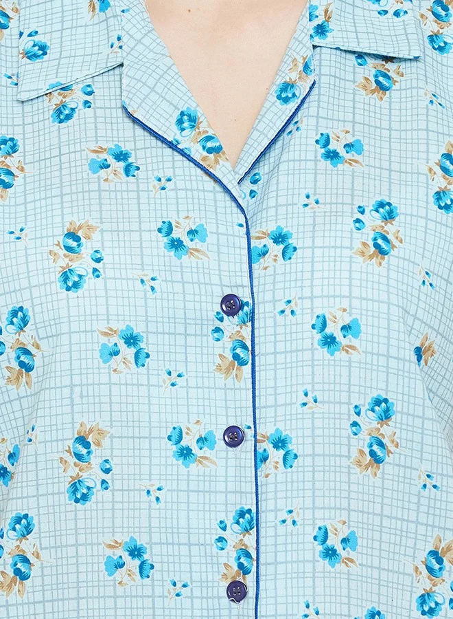 كلوفيا Clovia Pretty Florals Button Down Shirt & Pyjama Set in Light Blue - Cotton Rich