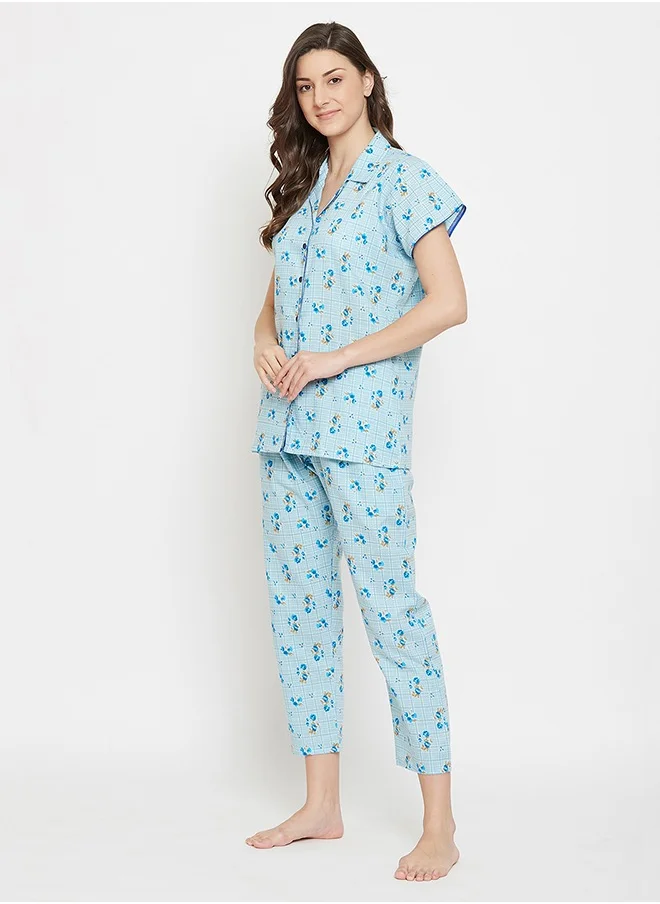 كلوفيا Clovia Pretty Florals Button Down Shirt & Pyjama Set in Light Blue - Cotton Rich