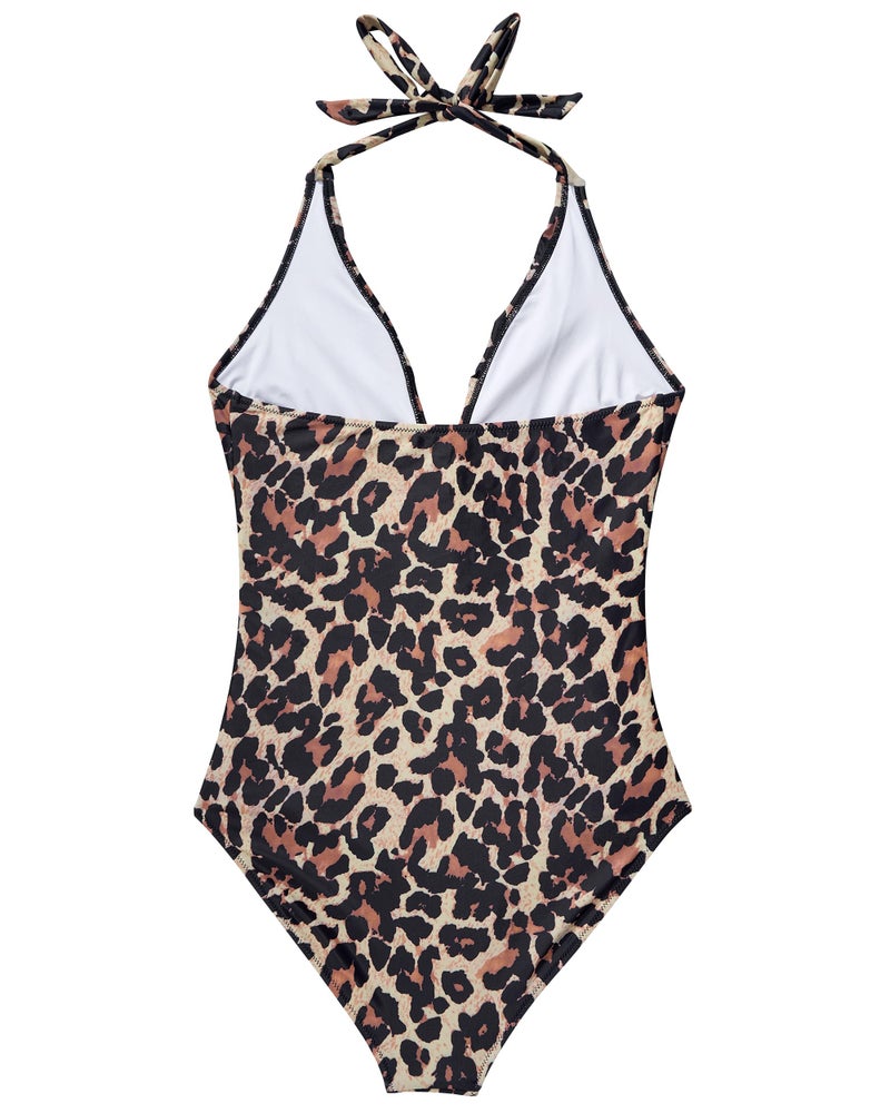 SUUKSESS Women Sexy Halter One Piece Swimsuits Ruffle V Neck Tummy Control Bathing Suits (Leopard, L) - Image 4