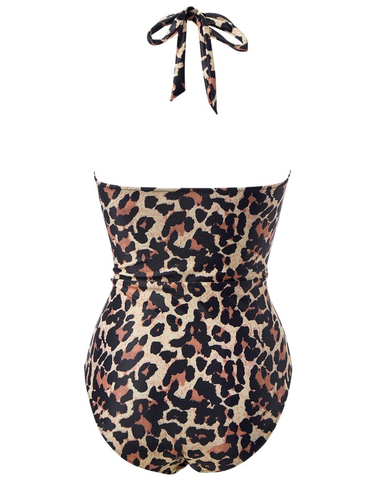 SUUKSESS Women Sexy Halter One Piece Swimsuits Ruffle V Neck Tummy Control Bathing Suits (Leopard, L) - Image 2