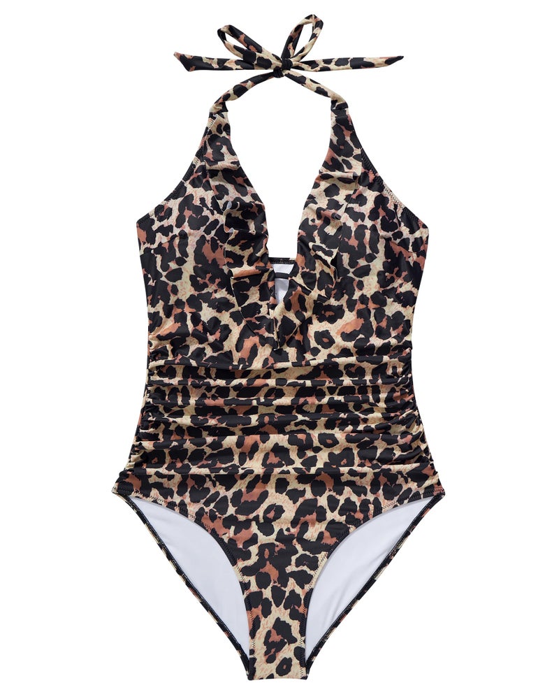 SUUKSESS Women Sexy Halter One Piece Swimsuits Ruffle V Neck Tummy Control Bathing Suits (Leopard, L) - Image 3