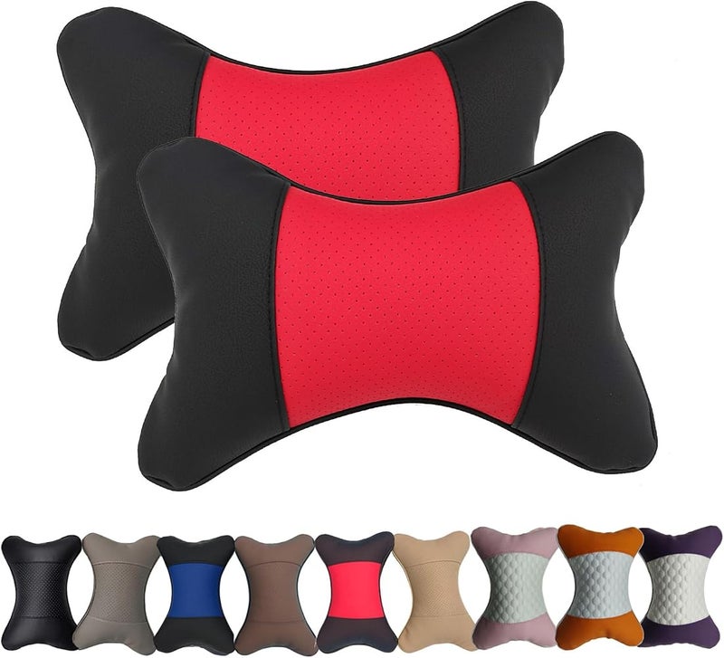 yuhuru Car Neck Pillows Both Side Pu Leather 2pieces Pack Headrest Fit for Most Cars Filled Fiber Universal Car Pillow (Black&Red) - Image 1