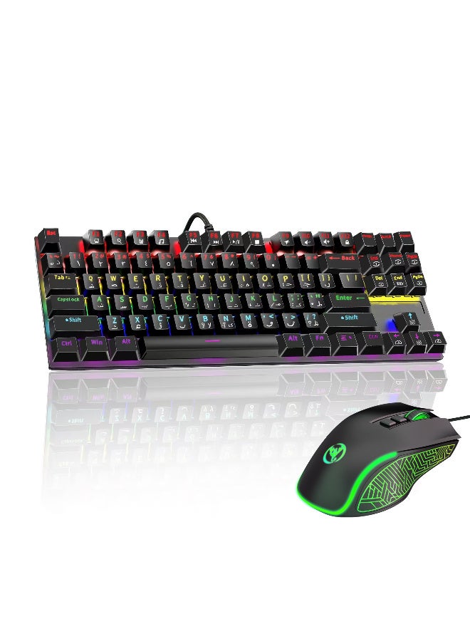 لوحة مفاتيح ألعاب ميكانيكية باللغة الإنجليزية والعربية مزودة بإضاءة خلفية LED، استجابة سريعة، USB سلكي، مقاومة للماء، 87 مفتاحًا لألعاب الكمبيوتر الشخصي التي تعمل بنظام Windows/MacOS/Android، مقترنة بالماوس X100 لتشكيل مجموعة لوحة مفاتيح وألعاب ماوس. - Image 1