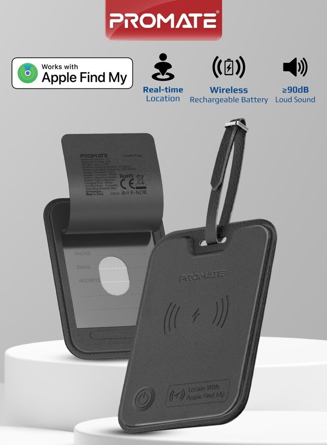 Promate Anti-Loss Smart Leather Luggage Tag with Apple Find My Tracker, RFID Protection, Wireless Charging, 90dB Alert, 6-Month Battery, Slim Durable Design, Bluetooth 5.2 for Apple Devices Only - Image 1