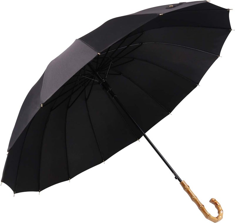ThreeH Bamboo Black Umbrella for Rain Auto Open Solid Color Fashionable and Simple 190T 16 Ribs,KS08 - Image 1