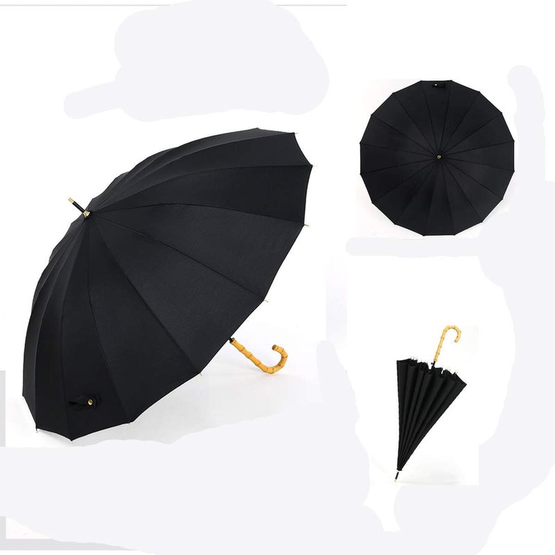 ThreeH Bamboo Black Umbrella for Rain Auto Open Solid Color Fashionable and Simple 190T 16 Ribs,KS08 - Image 2