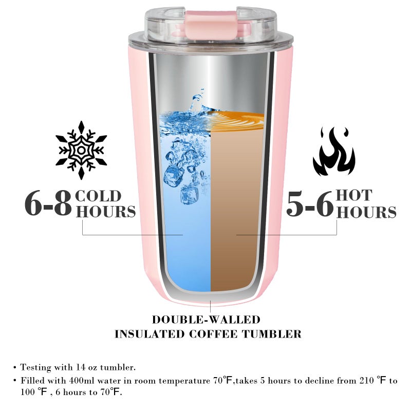 Puraville Insulated Tumblers with Lid  14 oz Travel Coffee Mug Stainless Steel Vacuum Thermos Cup 10/14 oz Leak Proof Reusable Double Walled Coffee Tumbler for Iced and Hot Drinks Pink - Image 3