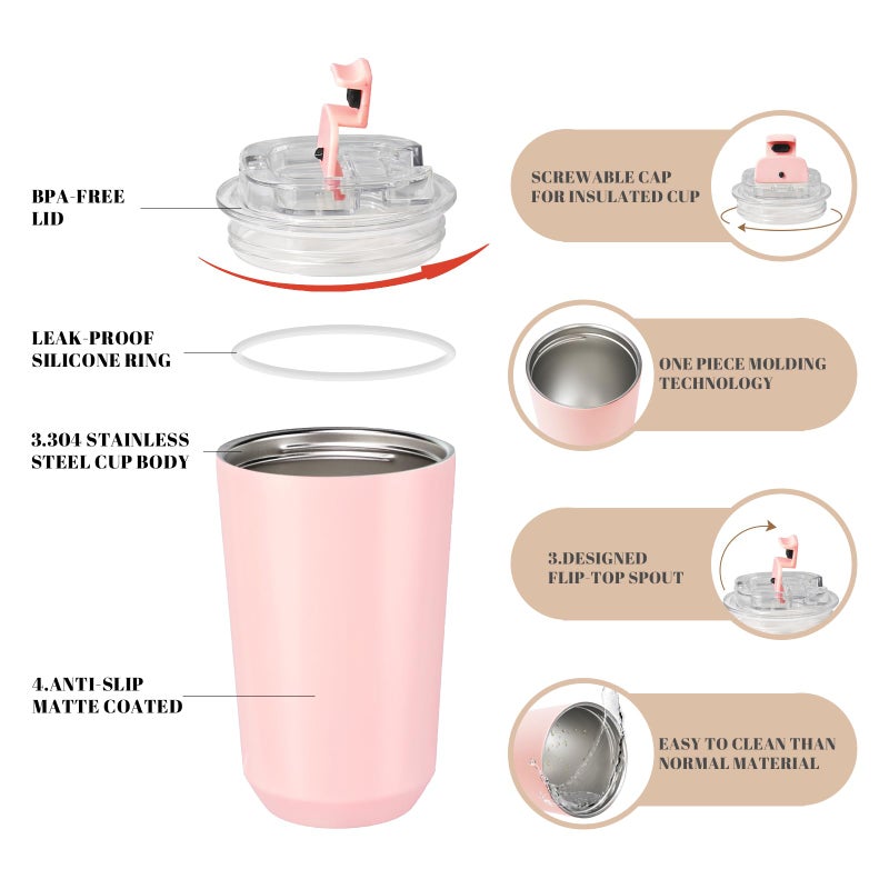 Puraville Insulated Tumblers with Lid  14 oz Travel Coffee Mug Stainless Steel Vacuum Thermos Cup 10/14 oz Leak Proof Reusable Double Walled Coffee Tumbler for Iced and Hot Drinks Pink - Image 4