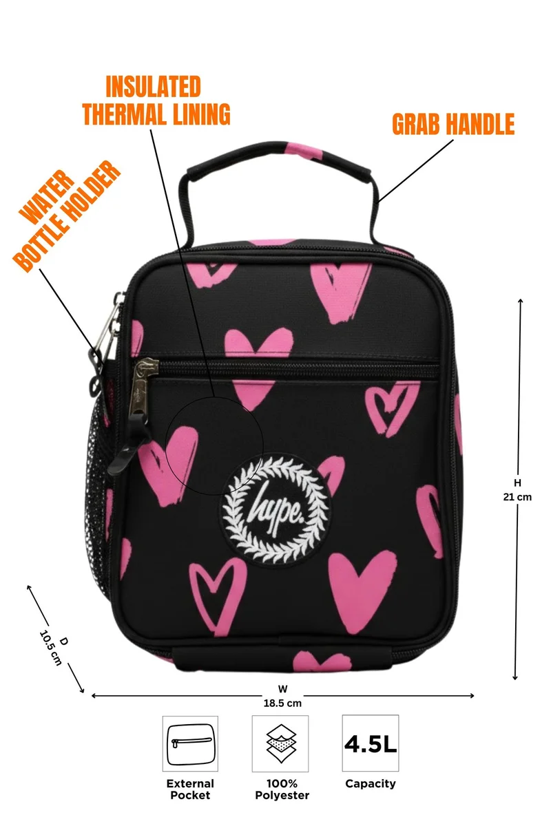 Just Hype HYPE Lunch Bag Black Pink Scribble Heart