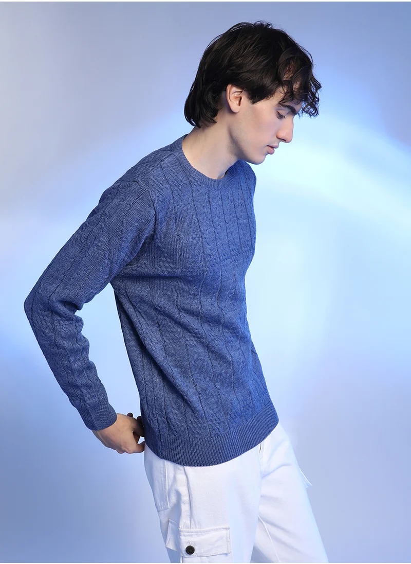 Campus Sutra Men's Blue Textured Knit Pullover Sweater