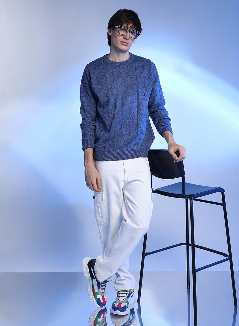 Campus Sutra Men's Blue Textured Knit Pullover Sweater