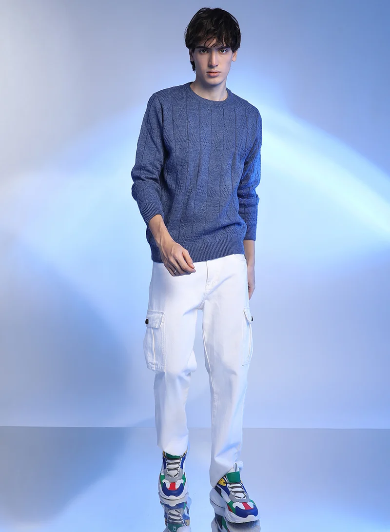 Campus Sutra Men's Blue Textured Knit Pullover Sweater