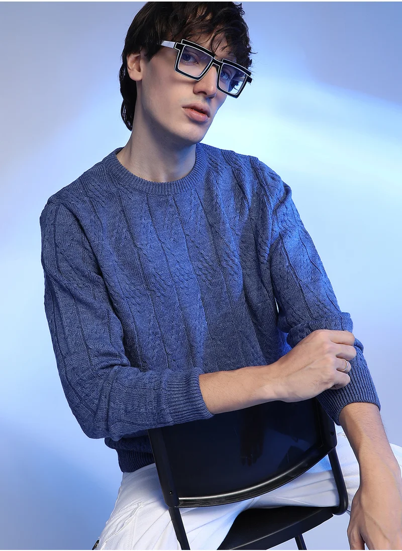 Campus Sutra Men's Blue Textured Knit Pullover Sweater