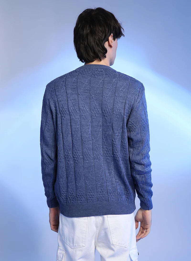 Campus Sutra Men's Blue Textured Knit Pullover Sweater