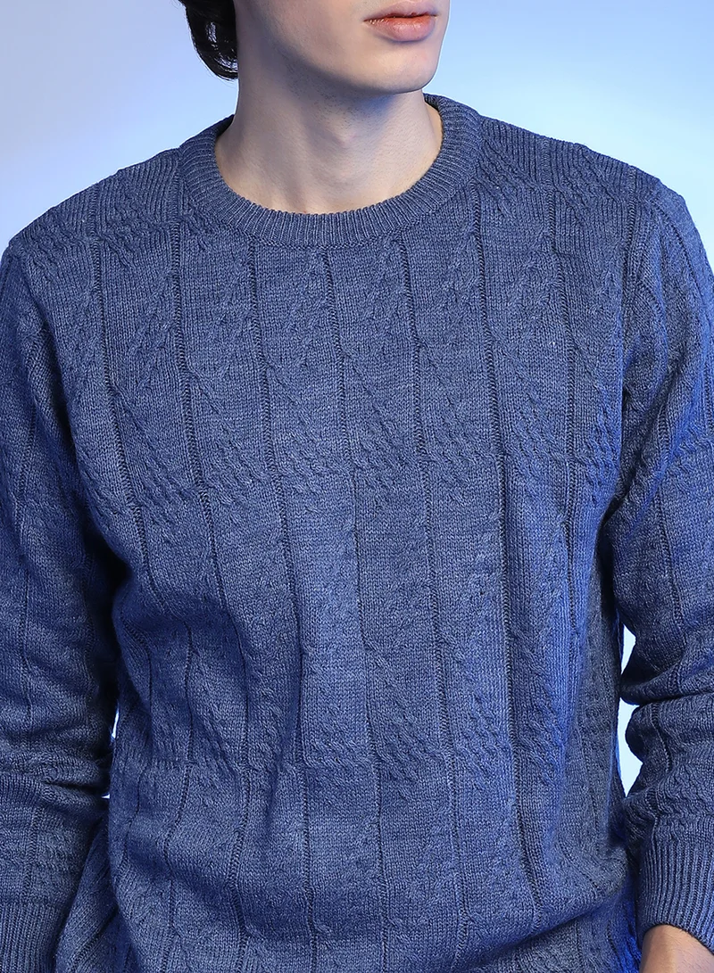 Campus Sutra Men's Blue Textured Knit Pullover Sweater