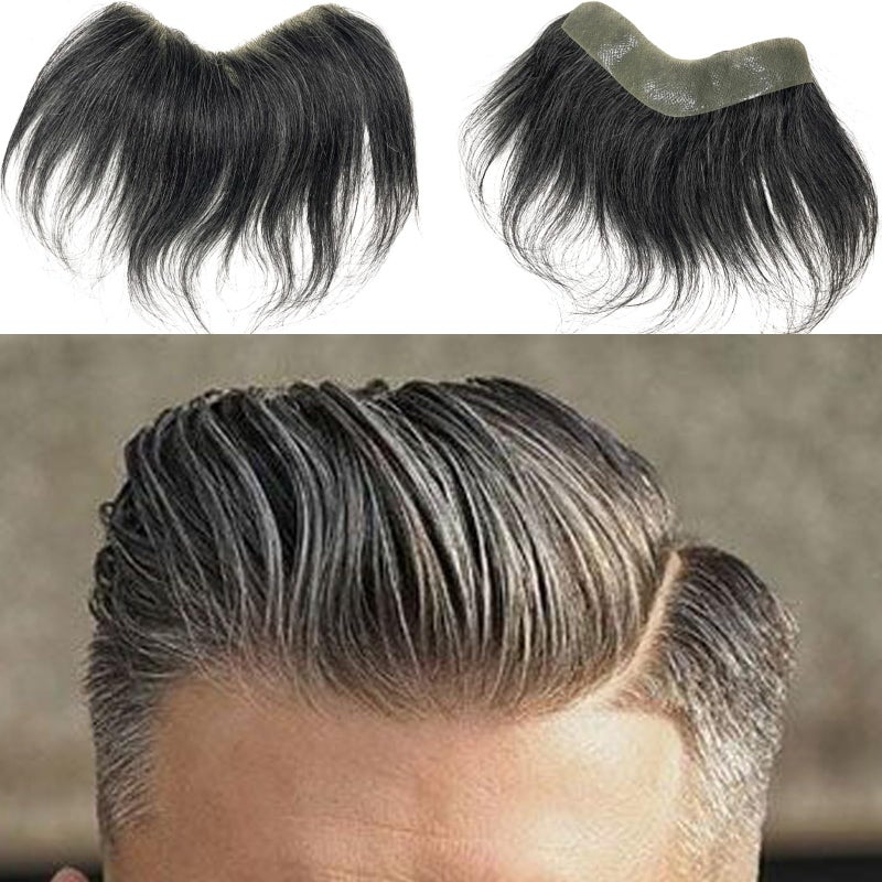 Voloria Men Forehead Toupee 100 Human Hair Skin PU Hairpiece Frontal Hair Topper for Receding Hairline 80 1B Black Mixed 20 Grey 157x629INCH