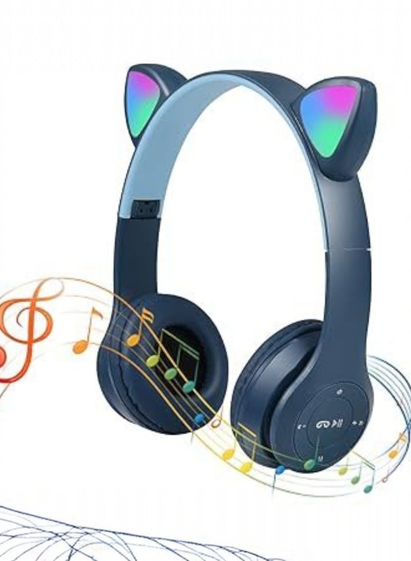 P47M Wireless Stereo Gaming Headset with Cat Ear Lights for Kids and Adults - Blue - Image 2