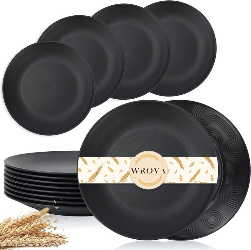 Wrova Wheat Straw Dinner Plates 10 Inch Unbreakable Set of 8  Dishwasher  Microwave Safe Plastic Plates Reusable  Lightweight Plates for kitchencampingsaladappetizer  Pure Black - Image 1
