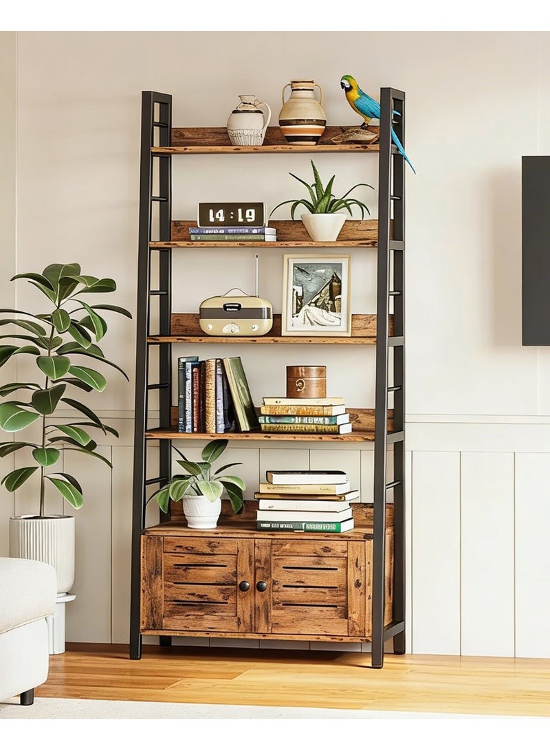 YY-Recheer 5-Tier Display Storage Shelves with Cabinet, Freestanding Ladder Bookshelf Storage Organizer for Living Room Home Office - Image 1