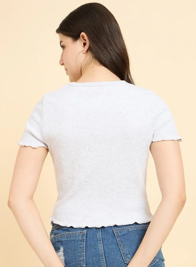 Outzidr  Grey Scallop Hem Ribbed Top for Women | Best Price UAE