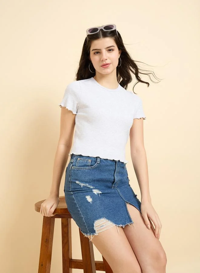 Outzidr  Grey Scallop Hem Ribbed Top for Women | Best Price UAE