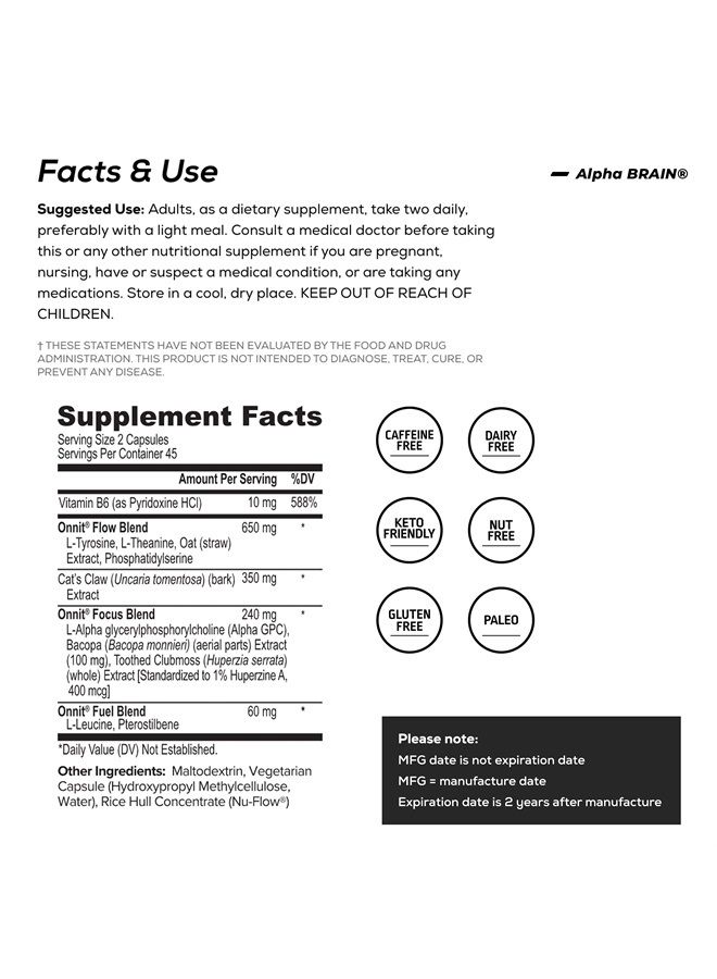 Onnit ألفا برين (180 حبة) - مكمل دماغي نوتروبيك متميز - تركيز، انتباه وذاكرة - ألفا جي بي سي، إل-ثيانين وباكوبا مونييري - Image 2