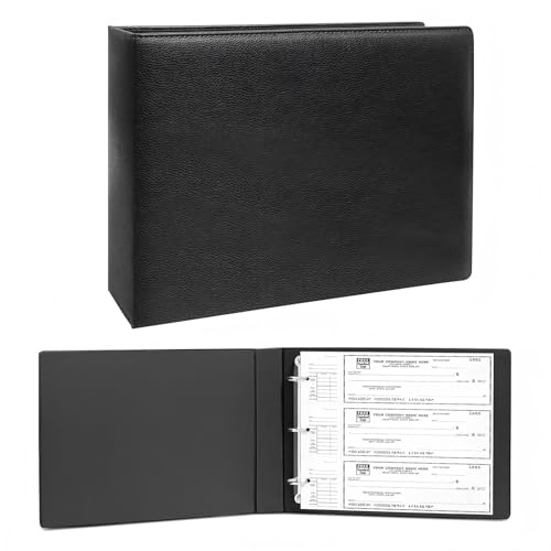 LLi Cufite 3 Rings Check Binder for End-Stub Deskbook Checks, 3 on a Page, Fit 3 & 9 Holes Check Faux Leather (9.1"x12.5") (Black) - Image 1