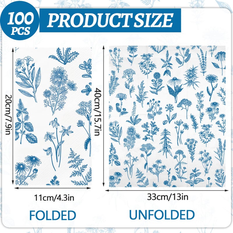 IANFEPH 100PCS Blue Floral Paper Napkins 3 Ply Disposable Hand Towels for Bathroom Vintage Wildflower Guest Napkins Blue and White Wild Flower Dinner Napkins for Wedding Birthday Spring Summer Party  - Image 1