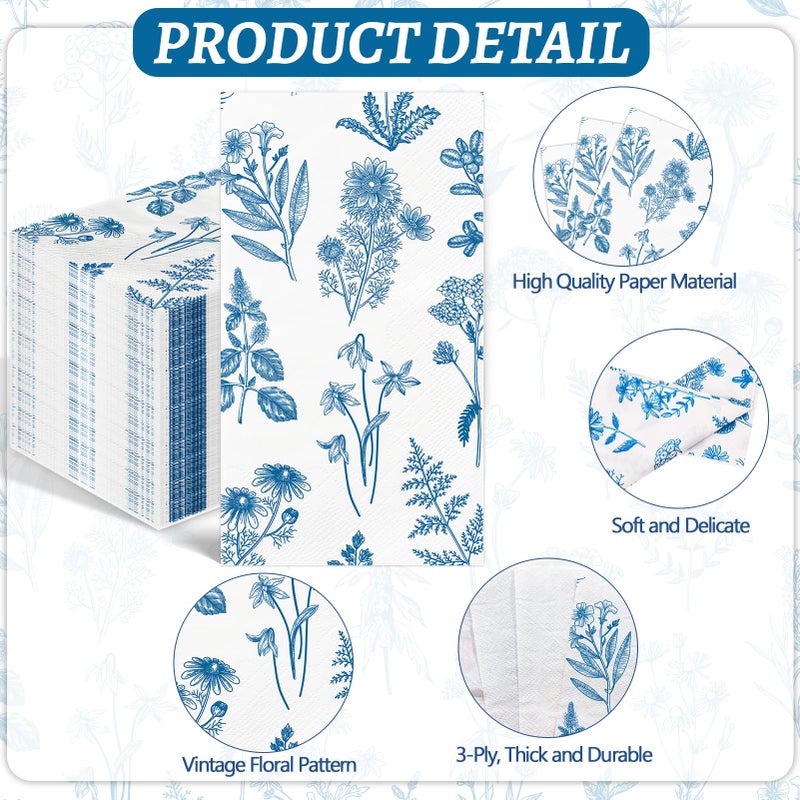 IANFEPH 100PCS Blue Floral Paper Napkins 3 Ply Disposable Hand Towels for Bathroom Vintage Wildflower Guest Napkins Blue and White Wild Flower Dinner Napkins for Wedding Birthday Spring Summer Party  - Image 2