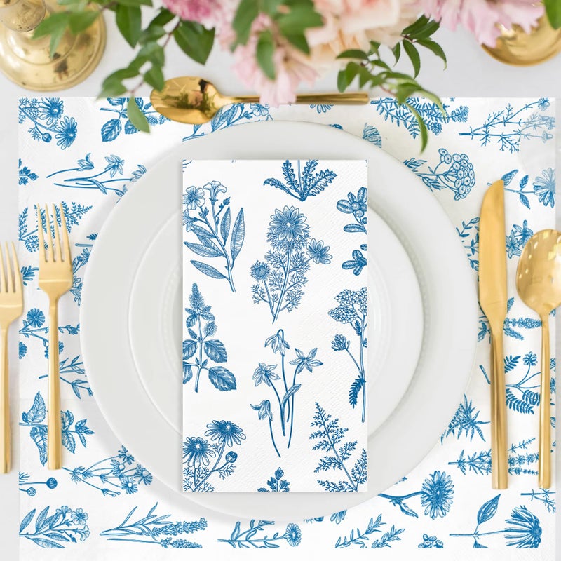 IANFEPH 100PCS Blue Floral Paper Napkins 3 Ply Disposable Hand Towels for Bathroom Vintage Wildflower Guest Napkins Blue and White Wild Flower Dinner Napkins for Wedding Birthday Spring Summer Party  - Image 3