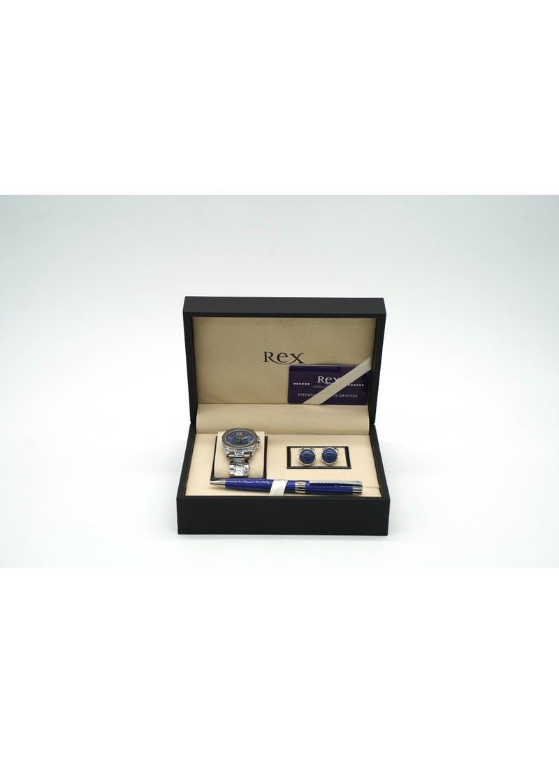 ركس بكج اكسسوارات للرجال ساعة و كبك و قلم لون ازرق و سلفر 38031-1