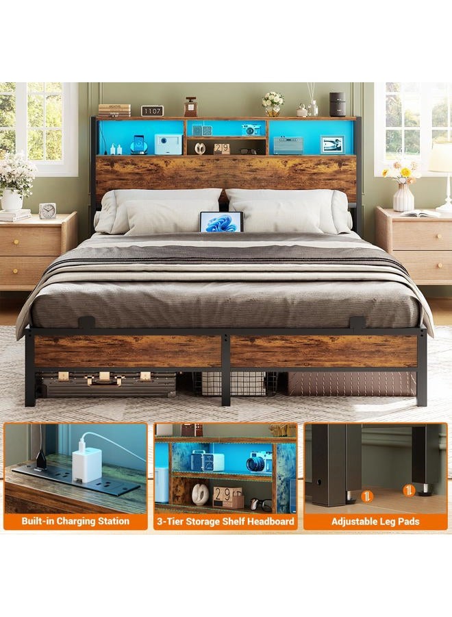 Aheaplus Headboard for Full Size Bed with Storage, Headboards with Outlets, USB Ports and LED Light, Full Size Head Board, Height Adjustable, Reversible, Sturdy and Stable Headboard, Rustic Brown - Image 3