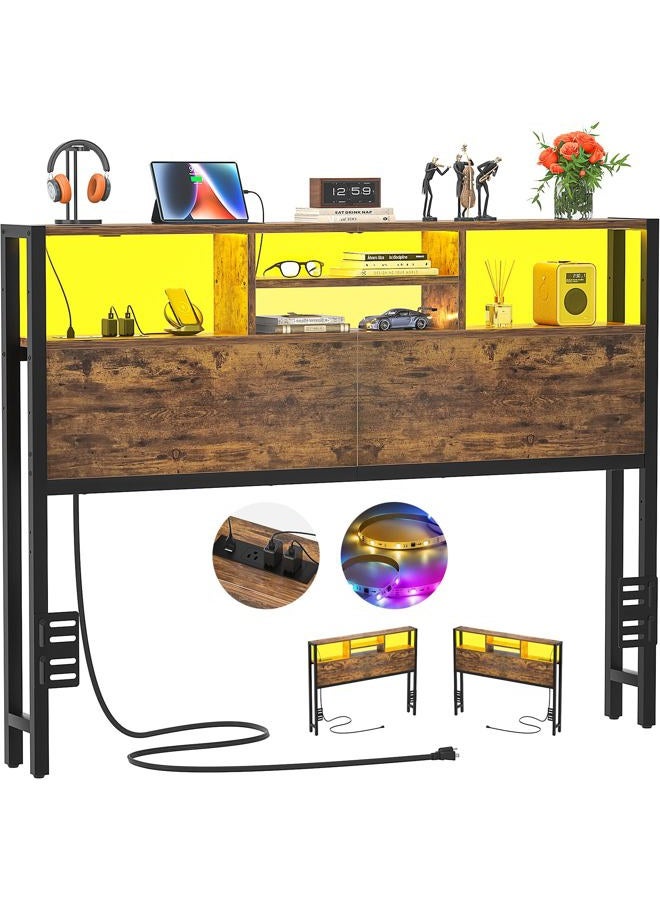 Aheaplus Headboard for Full Size Bed with Storage, Headboards with Outlets, USB Ports and LED Light, Full Size Head Board, Height Adjustable, Reversible, Sturdy and Stable Headboard, Rustic Brown - Image 1