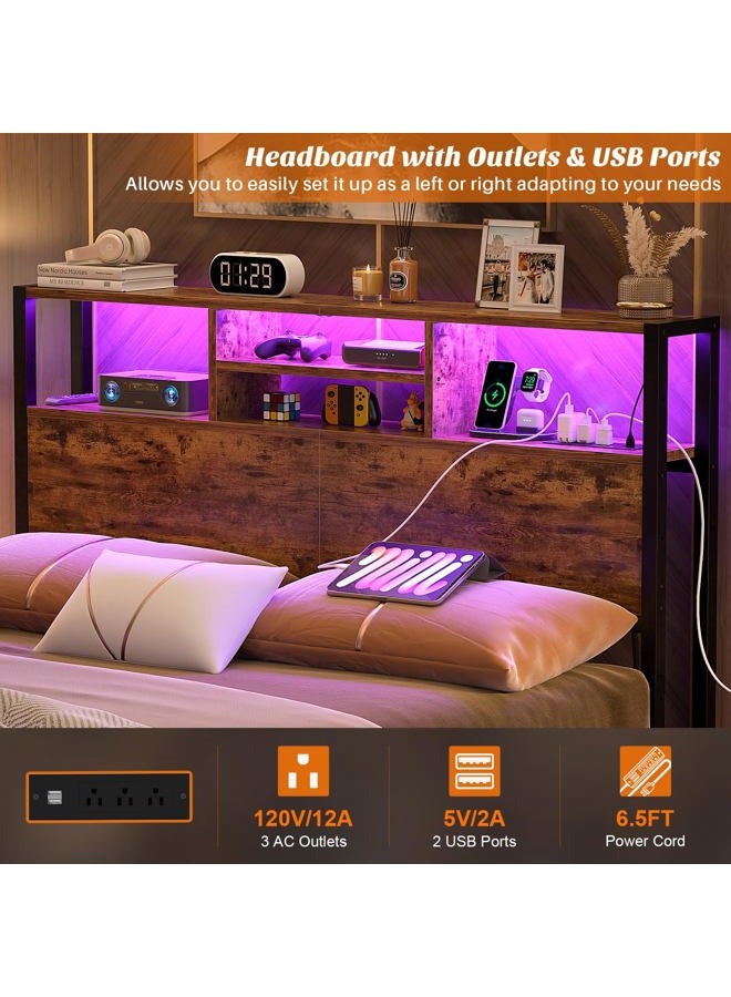 Aheaplus Headboard for Full Size Bed with Storage, Headboards with Outlets, USB Ports and LED Light, Full Size Head Board, Height Adjustable, Reversible, Sturdy and Stable Headboard, Rustic Brown - Image 2