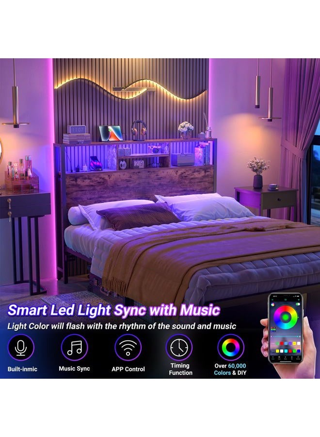 Aheaplus Headboard for Full Size Bed with Storage, Headboards with Outlets, USB Ports and LED Light, Full Size Head Board, Height Adjustable, Reversible, Sturdy and Stable Headboard, Rustic Brown - Image 4