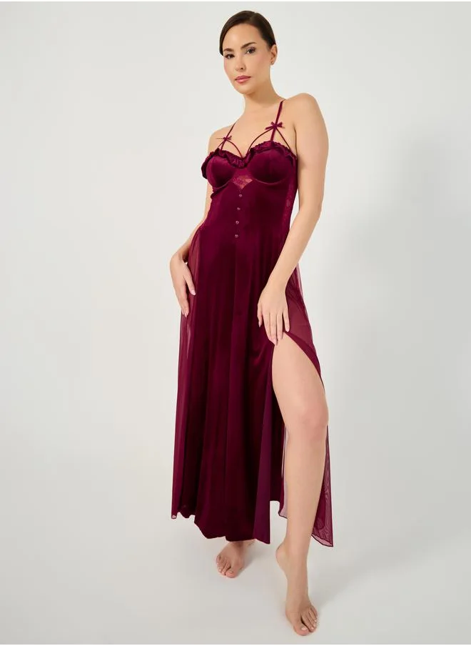 ستايلي Ruffle Edge Apex Strap Bow Detail Velvet and Mesh Front Slit Maxi Babydoll